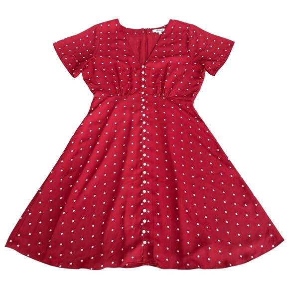 Madewell Button-Front Swing Dress Red White Polka Dot Short Sleeve Mini Size 2 - Picture 2 of 10